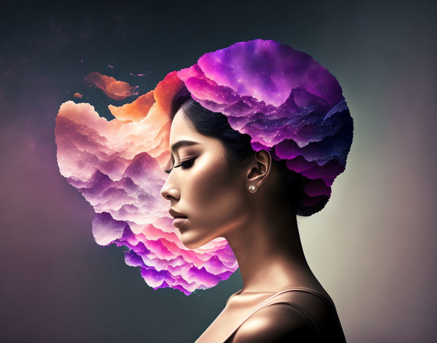 Colorful Nebula-Like Cloud Hair on Woman in Profile Portrait