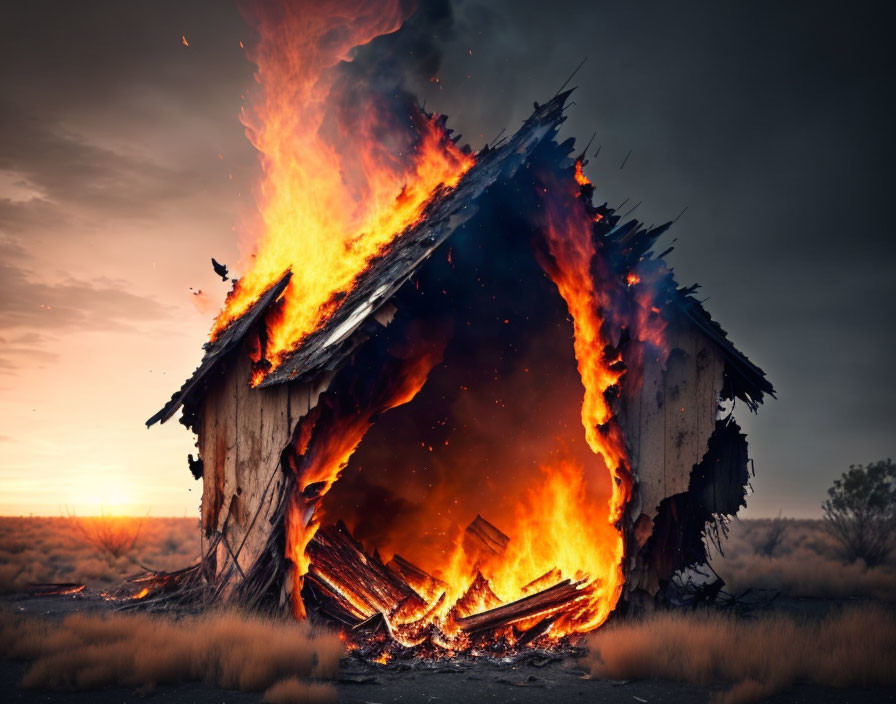 Abandoned wooden house burning in twilight fire