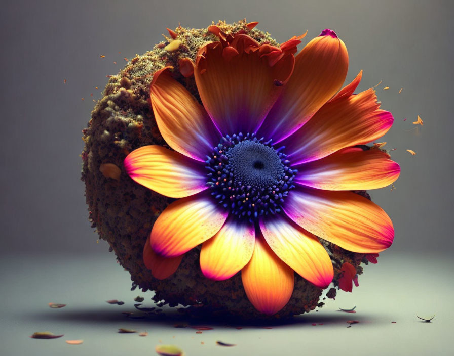 Orange and Purple Flower on Crumbling Sphere against Neutral Background