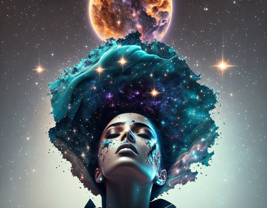 Surreal portrait of woman with flowing hair in galaxy-filled space