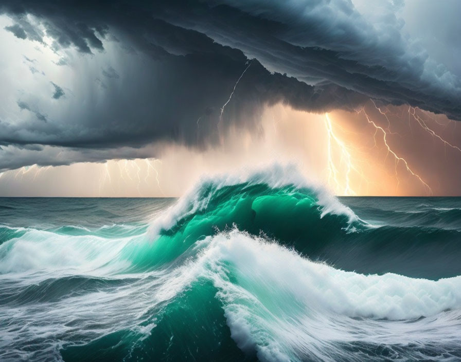 Stormy Ocean Scene with Large Waves and Lightning Strikes