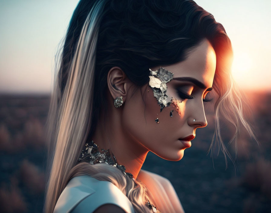 Woman with artistic makeup and metallic adornments at sunset