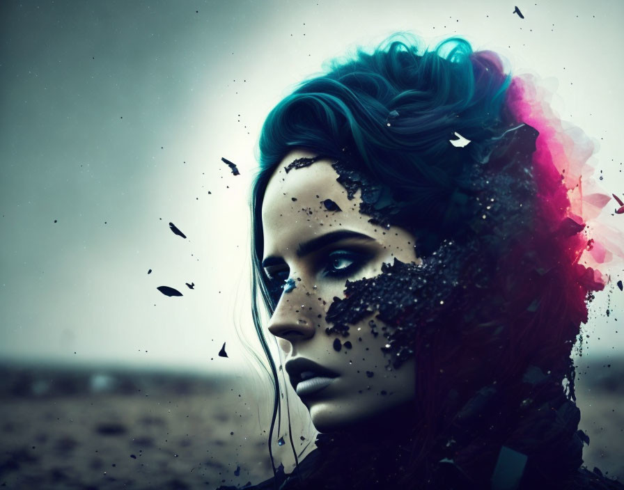 Blue-haired woman disintegrating in digital artwork