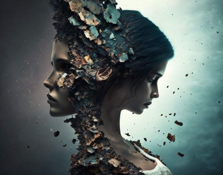 Woman's profile disintegrating in digital artwork