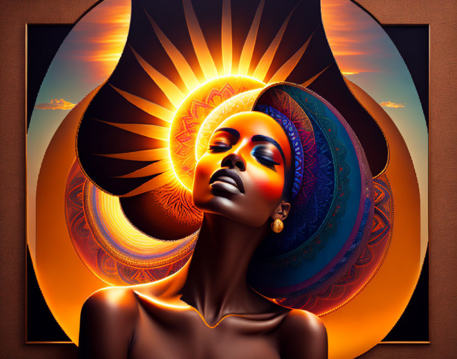 Woman with Closed Eyes and Sun Halo in Vibrant Colors