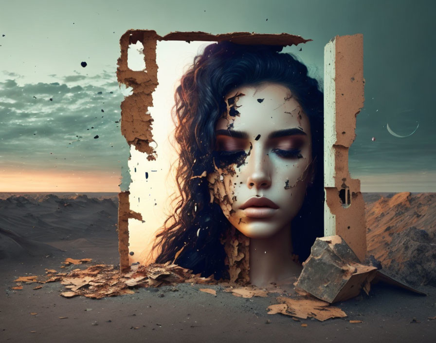 Surreal portrait: woman's face merges with desert landscape at dusk