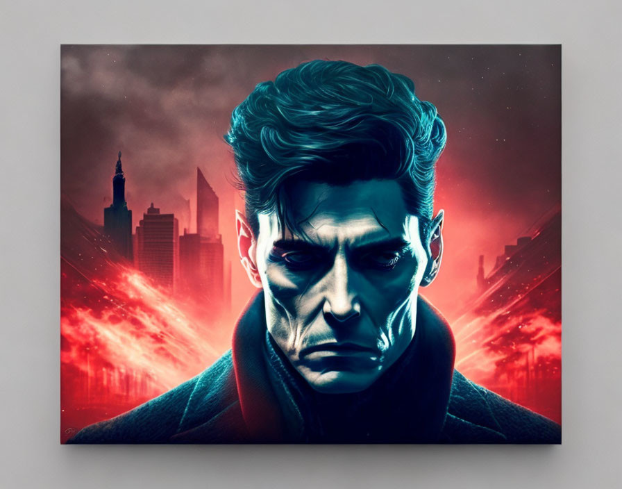 Brooding man with blue hair and red eyes against skyscraper backdrop.