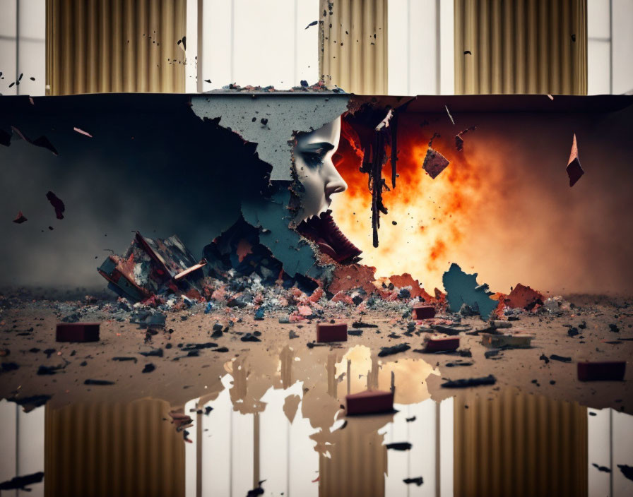 Digital artwork: Exploding wall with fiery blast against serene backdrop