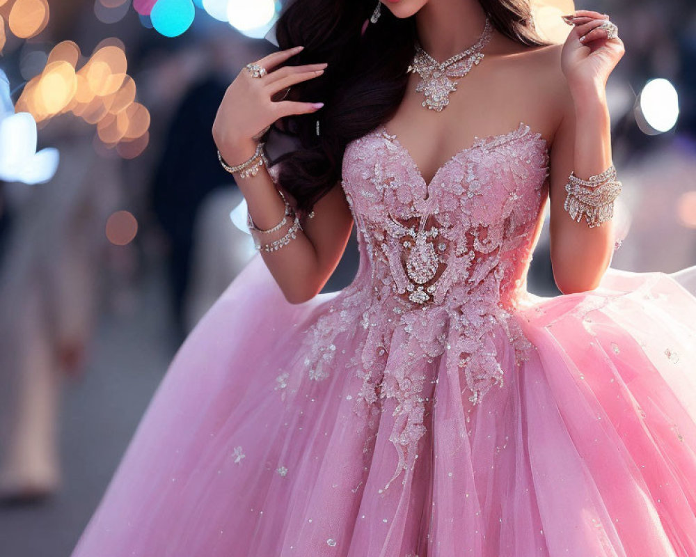 Elegant Woman in Sparkling Pink Ball Gown and Jewelry