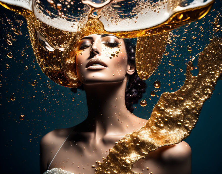 Woman with splashing golden liquid on face and shoulder against dark background