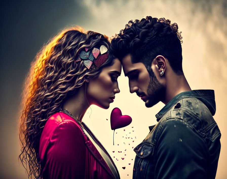 Romantic stylized image of man and woman with touching foreheads