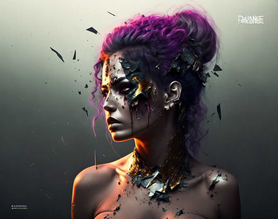 Woman with Purple Hair and Artistic Makeup Featuring Shattered Pieces on Dark Background