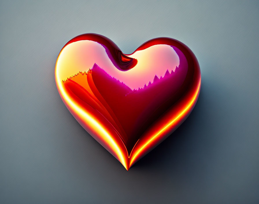 Heart-shaped 3D illustration with red reflective surface and glowing orange edges