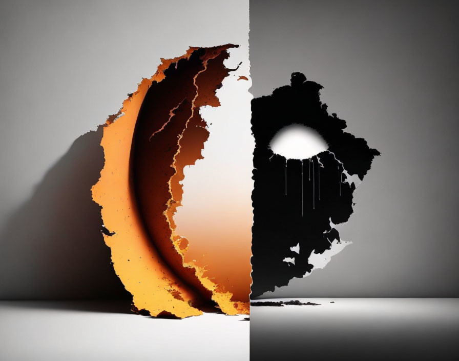 Conceptual image: Contrasting halves - molten lava and silhouette with dripping paint.