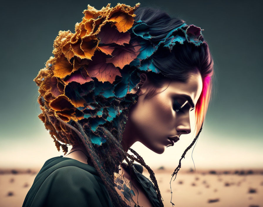 Colorful Textured Headdress on Woman with Artistic Makeup