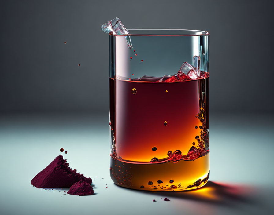 Amber liquid with ice cubes and spilled red powder on gray backdrop