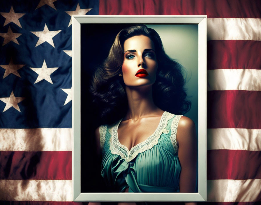 Stylized portrait of woman with striking makeup and vintage hairstyle against American flag.
