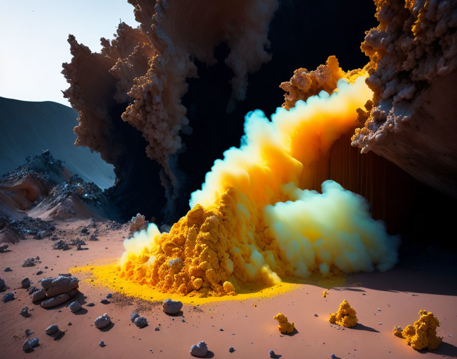 Alien landscape with orange-yellow smoke and rocky formations