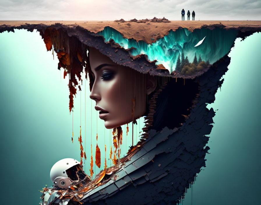 Surreal composite image: floating landmass, submerged face cliff, waterfall, astronaut