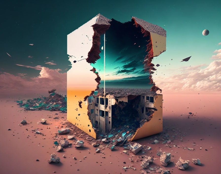 Surreal landscape with cube structure breaking apart in pink sky