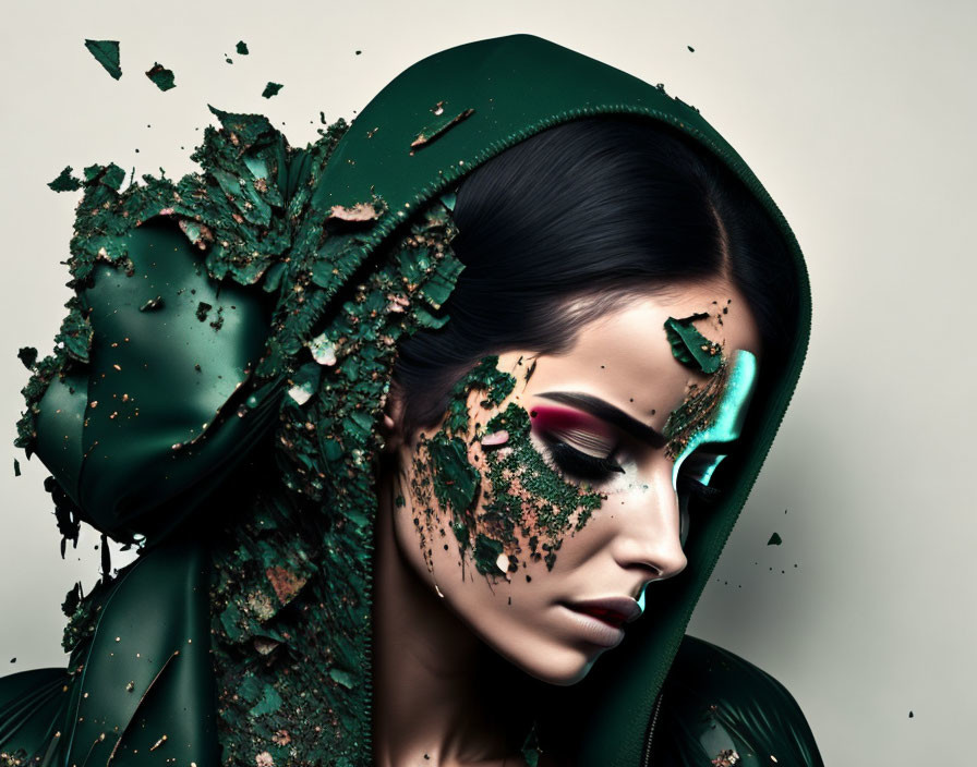 Dark-haired woman in hood with disintegrating face and hood detail