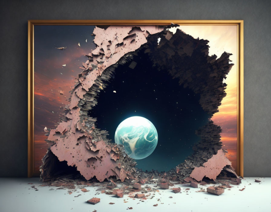 Shattered frame reveals cosmic Earth scene in surreal twilight landscape