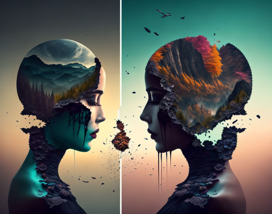 Surreal artwork: Profiles with landscape heads disintegrating