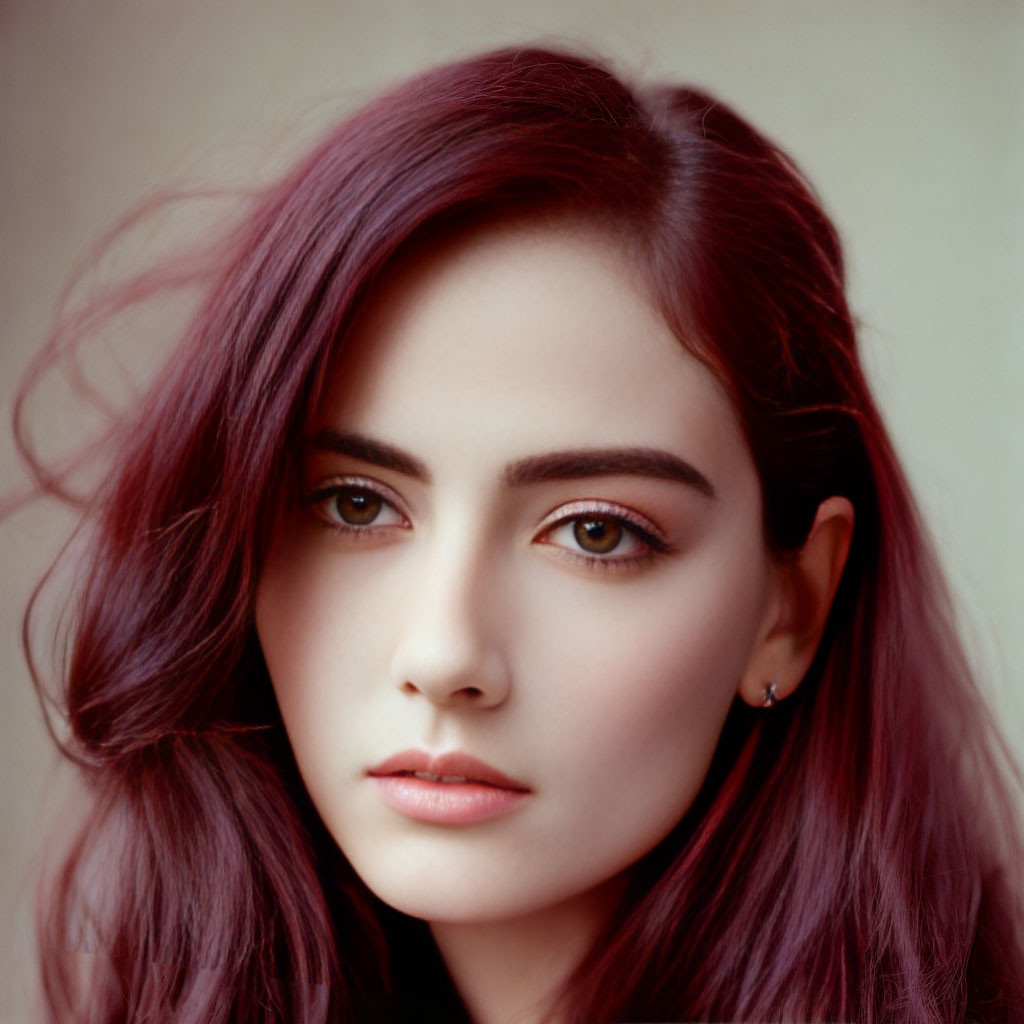 Portrait of young woman with plum-colored hair and dark eyes on soft background