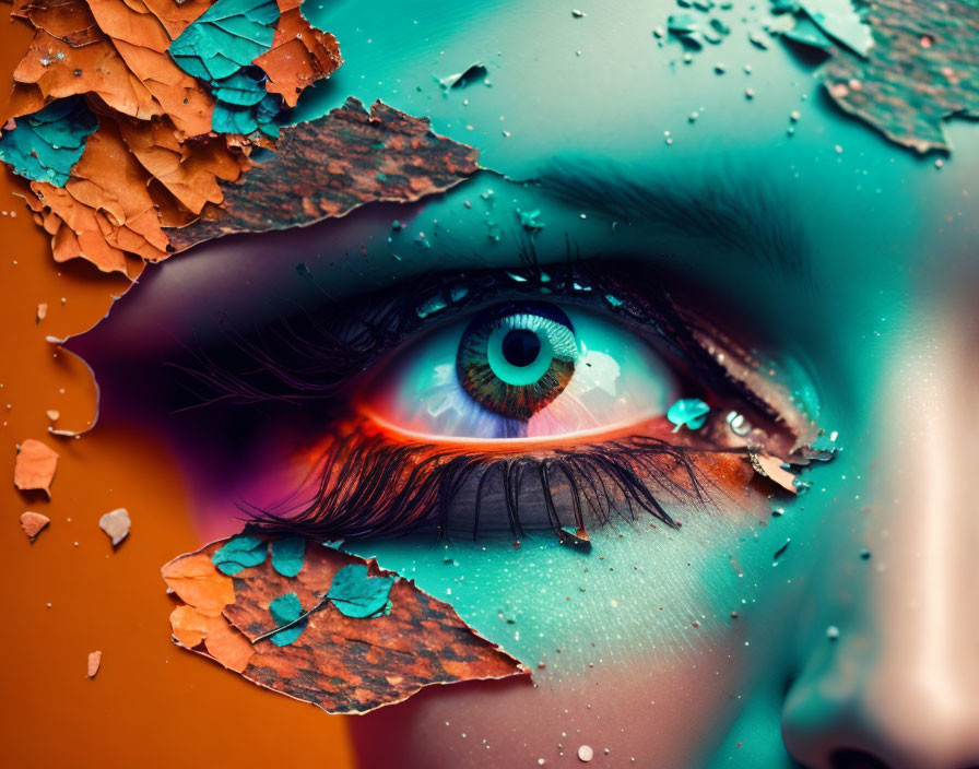 Eye makeup concept with turquoise and orange cracked paint detail