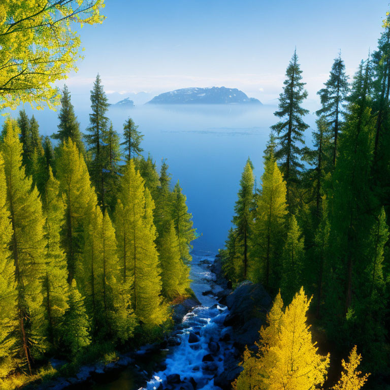 Scenic green forest with stream, lake, and mountains