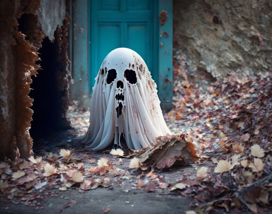 Skull-faced ghost in autumn leaves by teal door