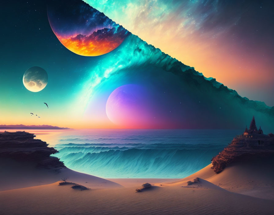 Surreal sunset beachscape with cosmic planets and galaxy views