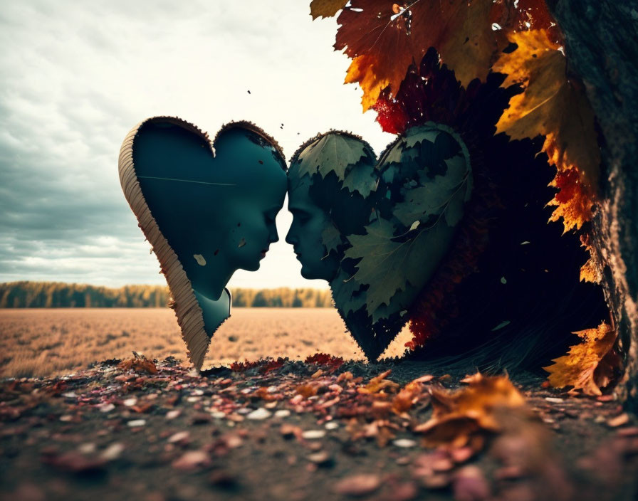 Heart-shaped Cutout Silhouette of Faces Kissing in Autumn Scene