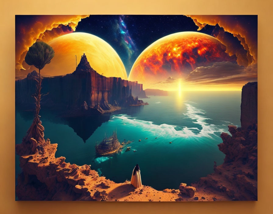 Surreal digital artwork with landscape, water, ship, celestial bodies, and penguin