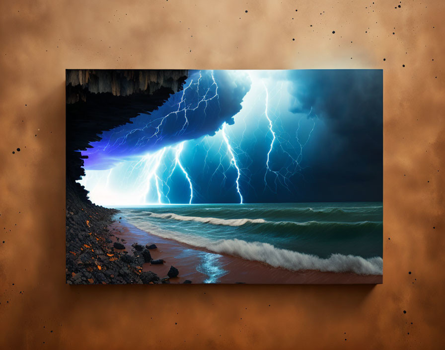 Thunderstorm Canvas Print: Lightning bolts, tumultuous sea, cave view, earthy-toned wall