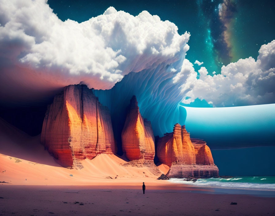 Surreal landscape with person, desert, rock formations, frozen wave, cosmic sky