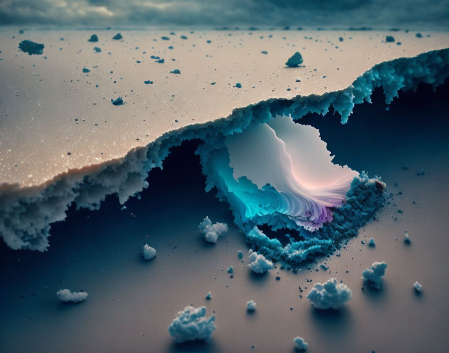 Surreal landscape with torn-edge effect and colorful wave-like patterns