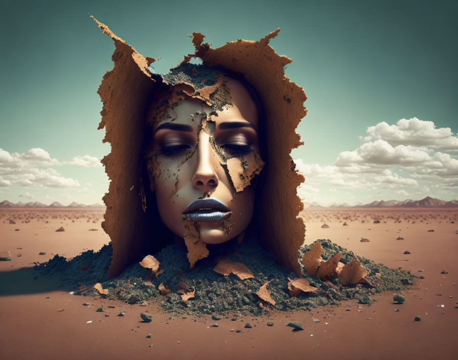 Surreal portrait of woman's face emerging from cracked desert ground