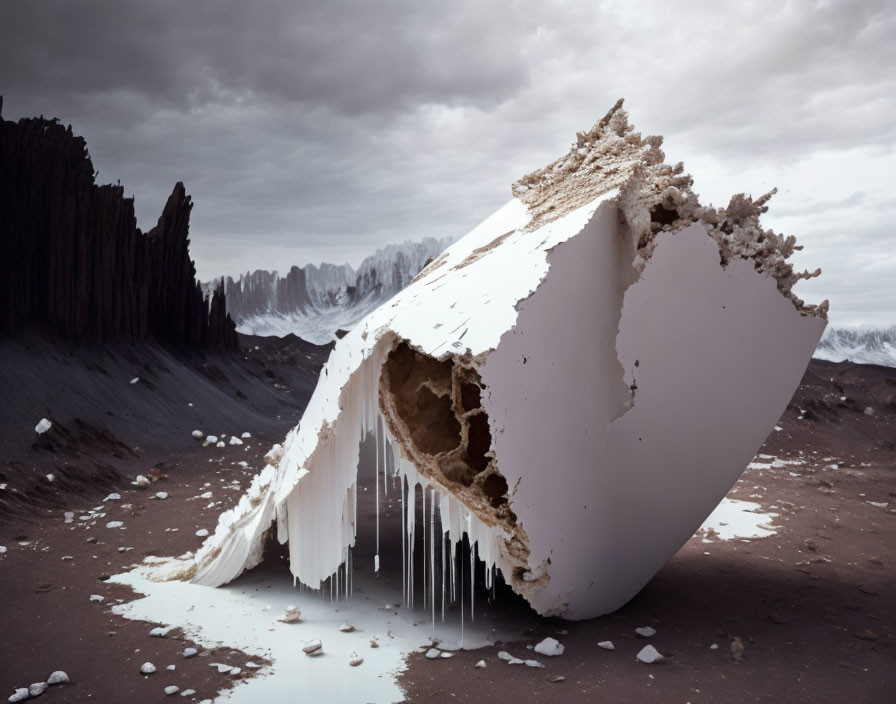 Cracked white egg sculpture in barren mountain landscape