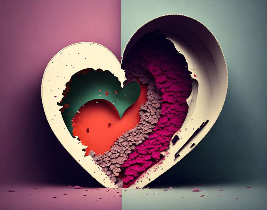 Layered Heart Artwork with Cracked 3D Effect and Vibrant Colors