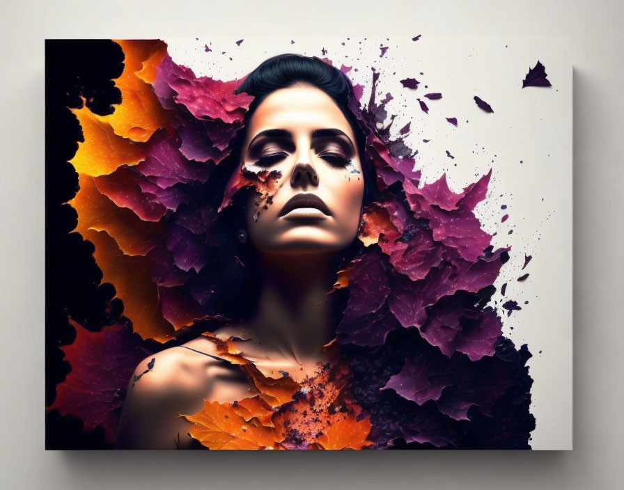 Woman's serene face surrounded by purple and orange floral textures