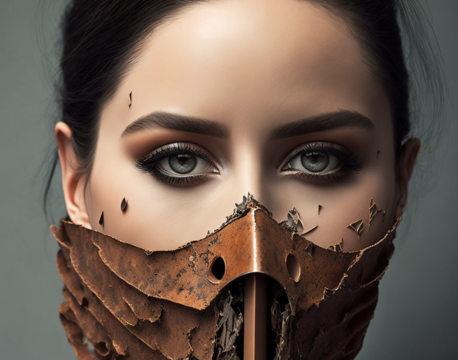 Woman's face with flawless makeup behind corroding iron mask