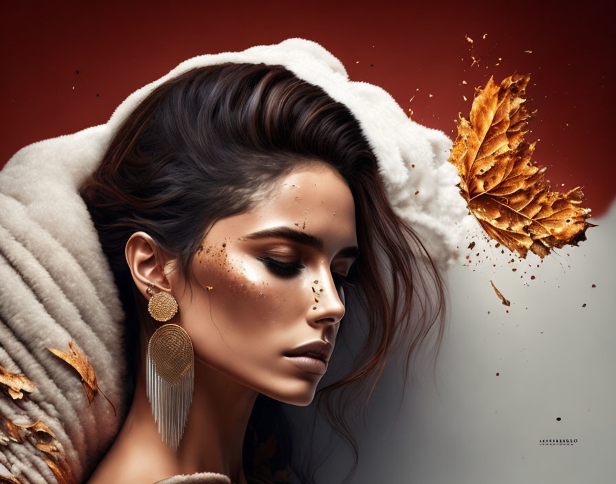 Woman with Striking Makeup and Autumn Leaves in Fall-Inspired Scene