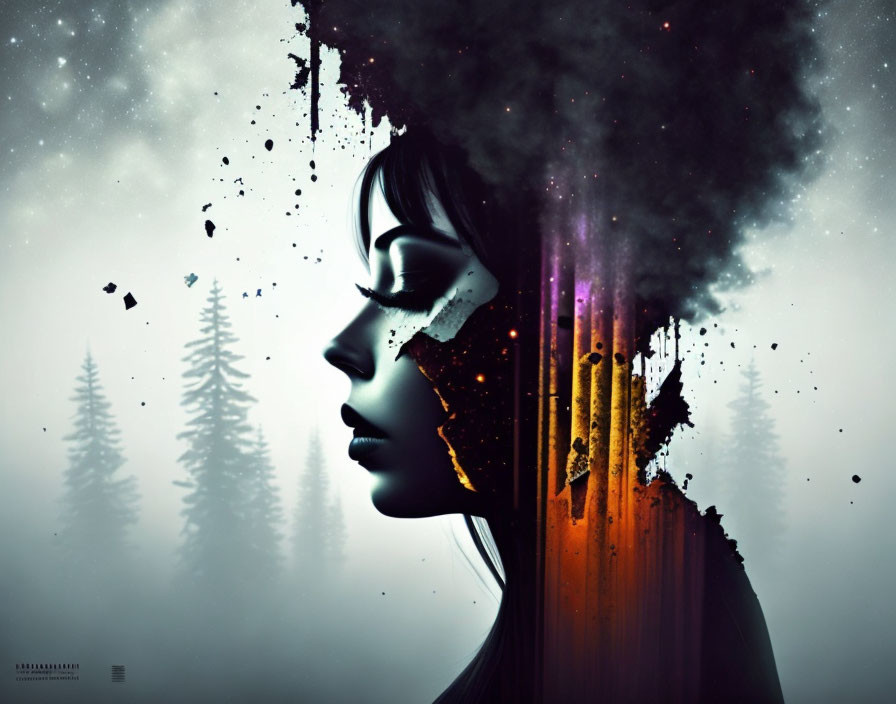 Surreal woman profile with disintegrating face into birds and smoke in forest scene