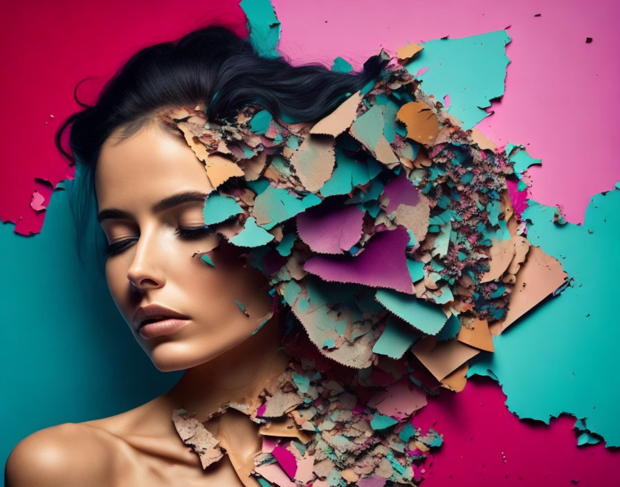 Layered torn paper creates surreal woman's face in teal, pink, and beige.