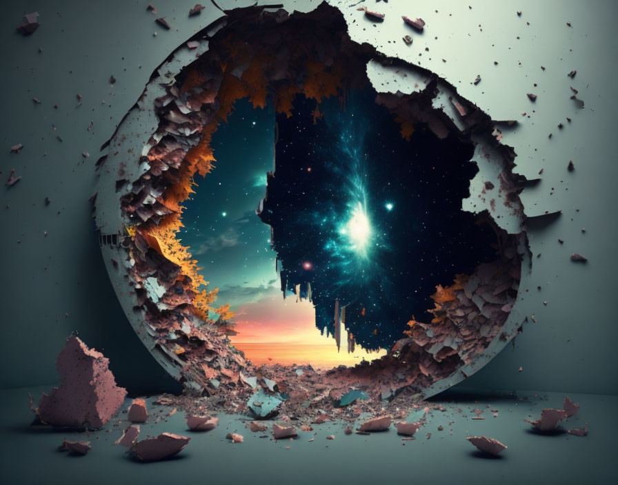 Surreal round broken portal with starry sky and sunset horizon.