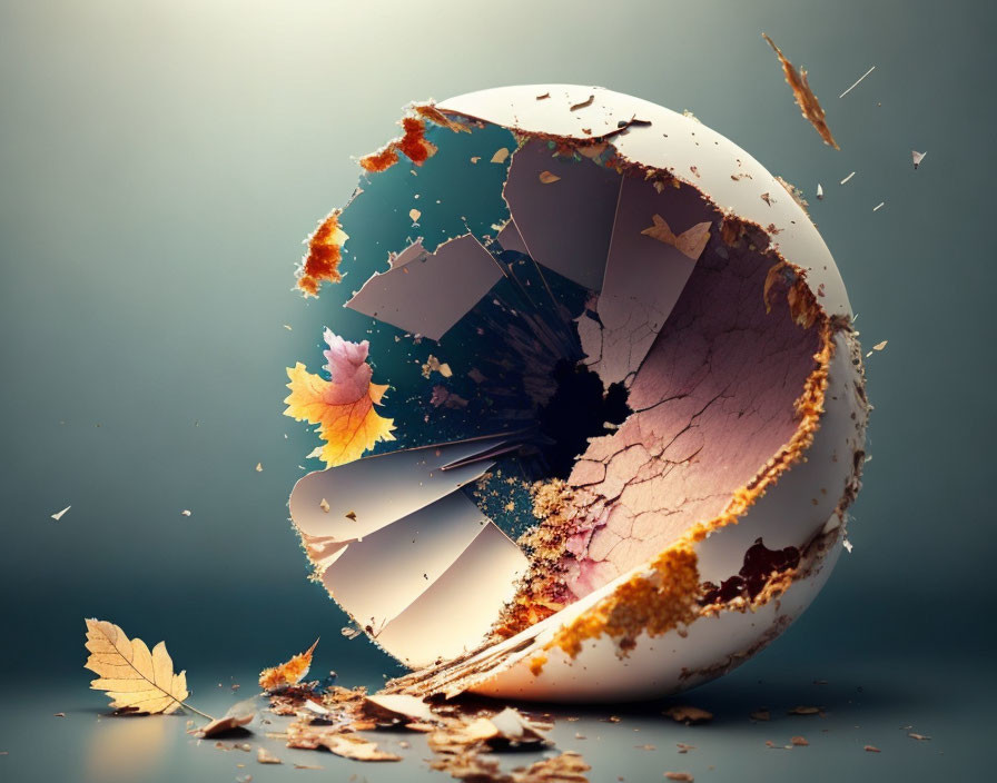 Shattered hollow globe with autumn leaves and fragments symbolizing environmental change