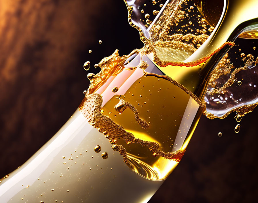 Golden champagne spills from glass, creating dynamic splashes on warm background