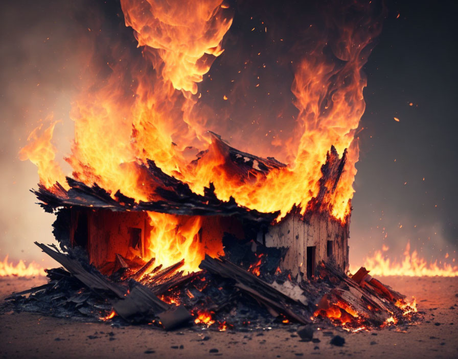 Burning wooden structure with intense flames