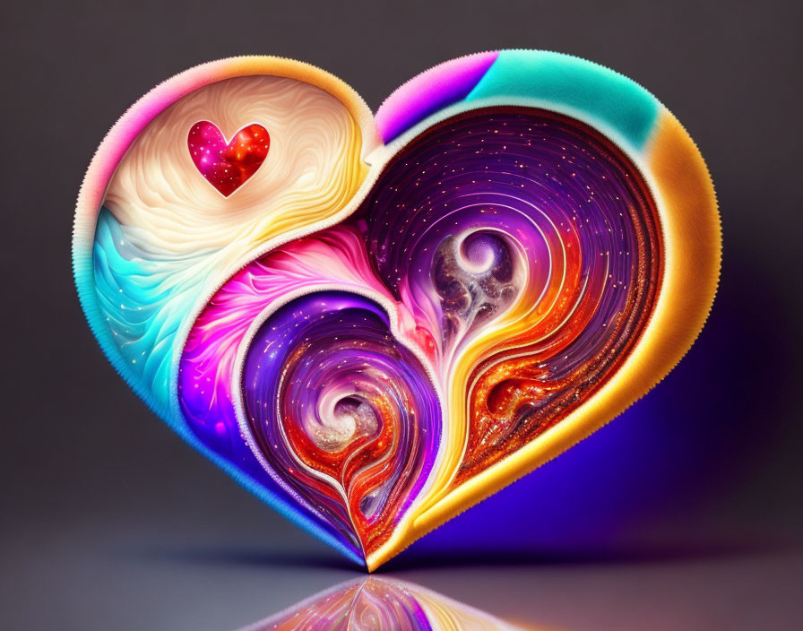 Colorful Heart-Shaped Graphic with Cosmic and Marbled Textures